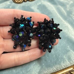 Vintage Statement Black Crystal Beaded Cluster Clip On Earrings